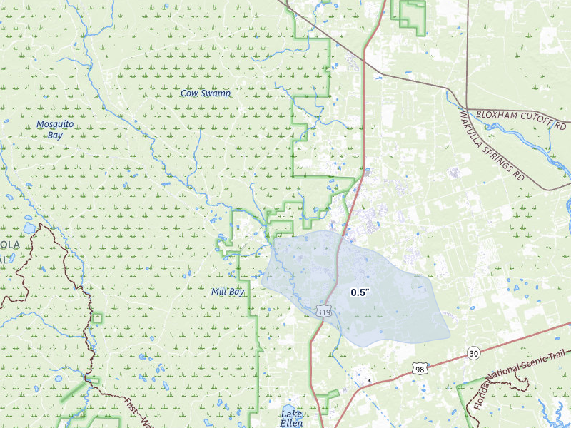 NEXRAD radar-signature map of the hail storm over Crawfordville, FL on Jul 8, 2026