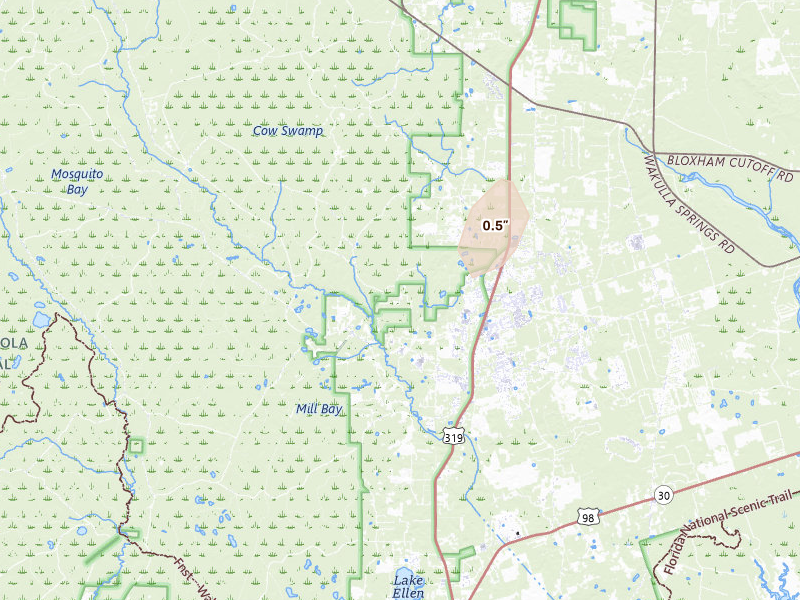Radar-estimated hail-size map of the storm over Crawfordville, FL on Jul 9, 2026