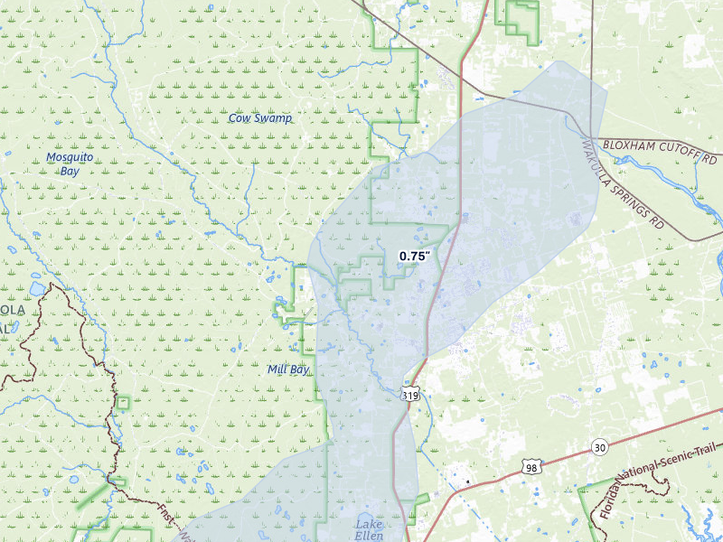 NEXRAD radar-signature map of the hail storm over Crawfordville, FL on Jul 9, 2026