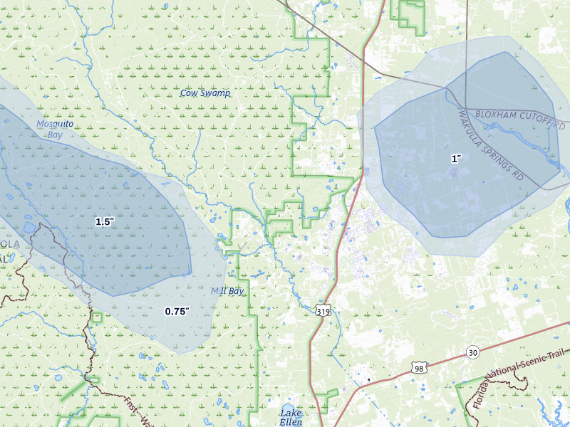 NEXRAD radar-signature map of the hail storm over Crawfordville, FL on Jul 27, 2026