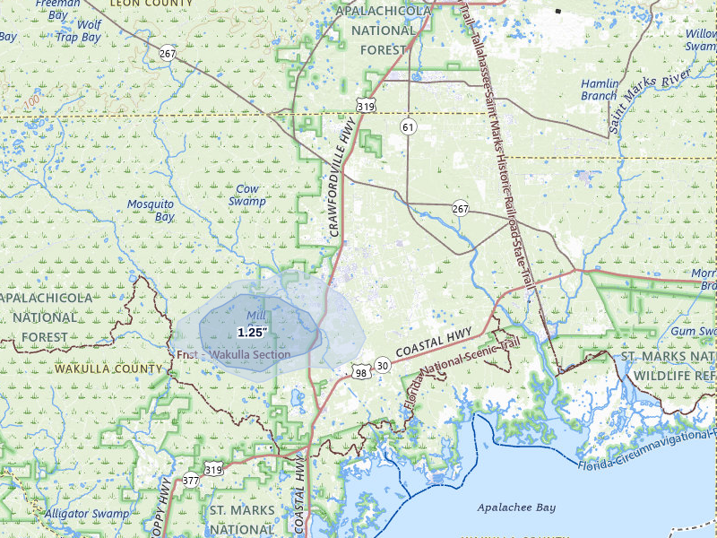 NEXRAD radar-signature map of the hail storm over Crawfordville, FL on Aug 17, 2026