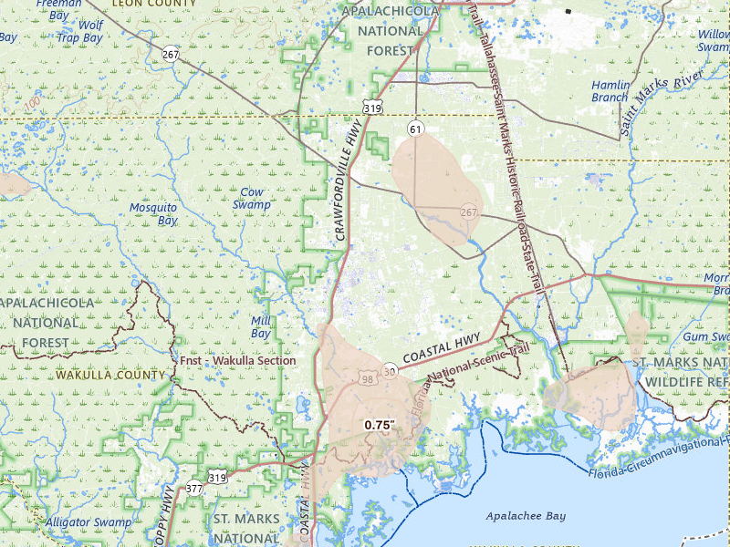 Radar-estimated hail-size map of the storm over Crawfordville, FL on Aug 18, 2026