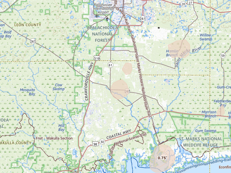 Radar-estimated hail-size map of the storm over Crawfordville, FL on Aug 23, 2026