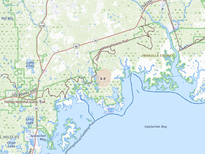 Radar-estimated hail-size map of the storm over Crawfordville, FL on Aug 24, 2026