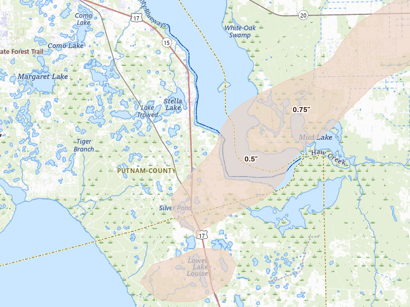 Radar-estimated hail-size map of the storm over Crescent City, FL on Mar 16, 2026