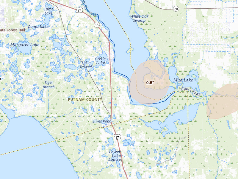 Radar-estimated hail-size map of the storm over Crescent City, FL on Jul 4, 2026