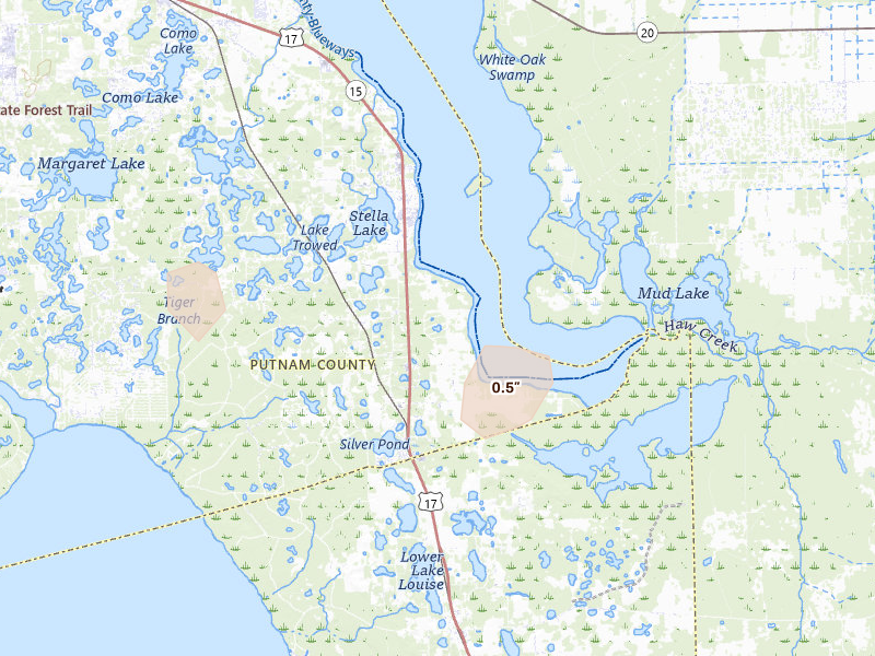 Radar-estimated hail-size map of the storm over Crescent City, FL on Jul 11, 2026
