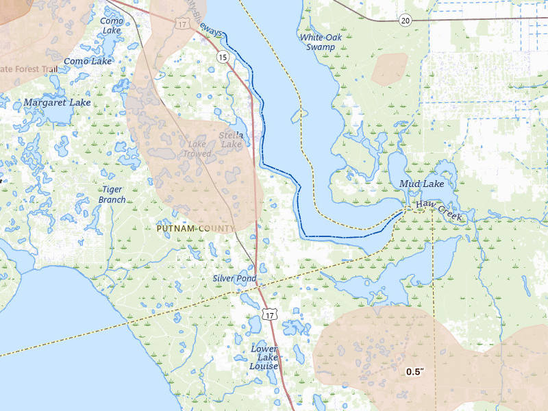 Radar-estimated hail-size map of the storm over Crescent City, FL on Aug 18, 2026