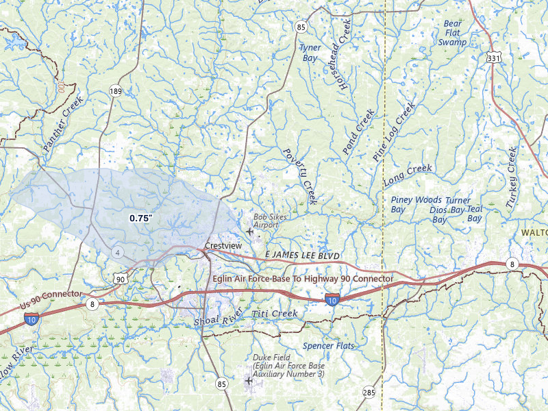 NEXRAD radar-signature map of the hail storm over Crestview, FL on May 8, 2026
