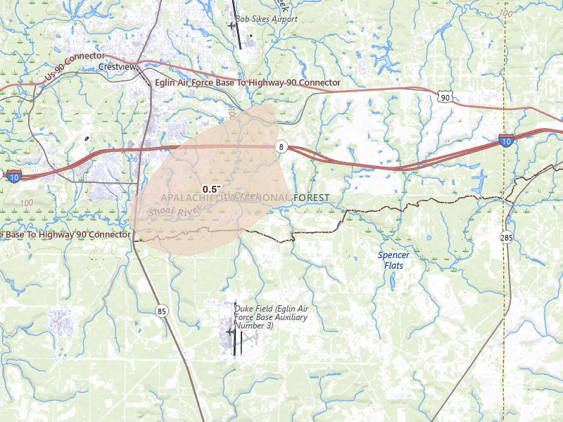 Radar-estimated hail-size map of the storm over Crestview, FL on Aug 17, 2026