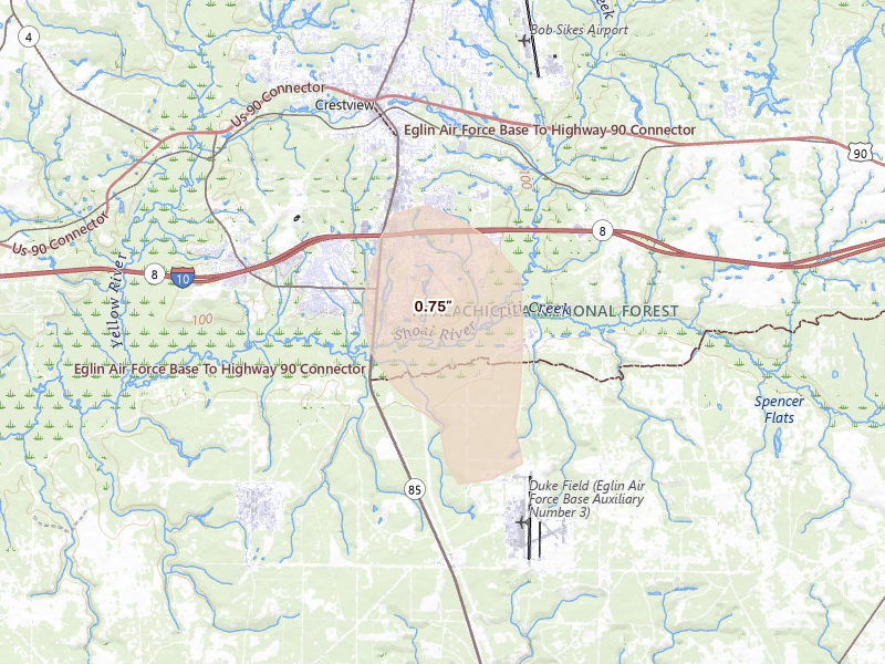 Radar-estimated hail-size map of the storm over Crestview, FL on Aug 18, 2026