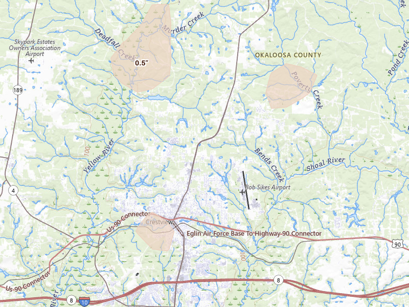 Radar-estimated hail-size map of the storm over Crestview, FL on Aug 21, 2026