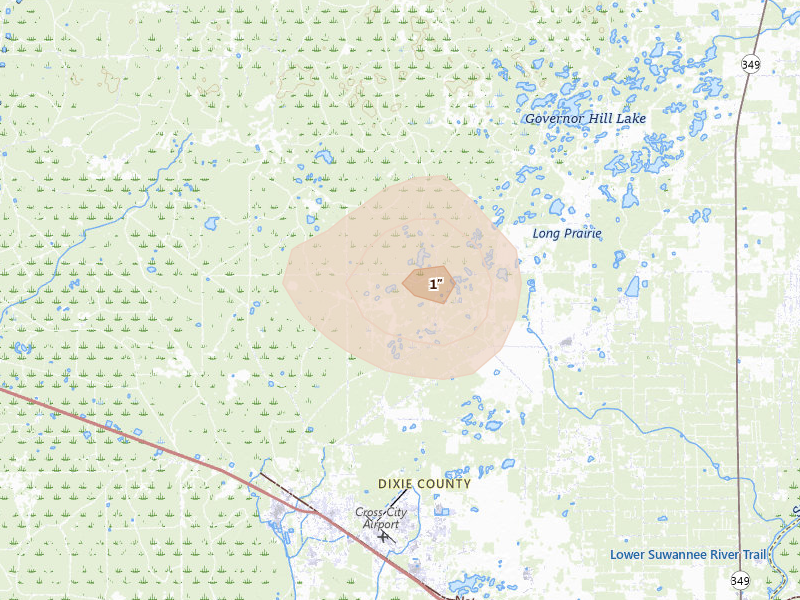Radar-estimated hail-size map of the storm over Cross City, FL on Jul 11, 2026