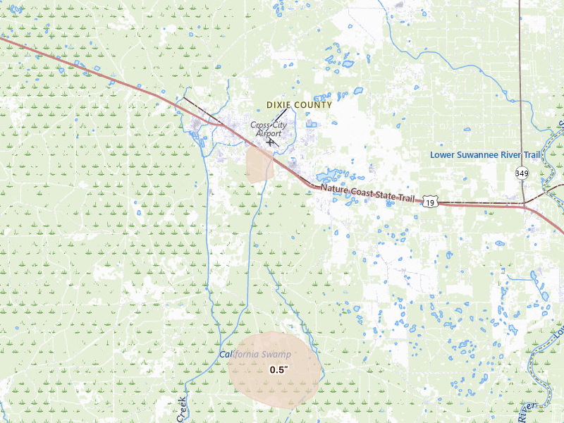 Radar-estimated hail-size map of the storm over Cross City, FL on Aug 18, 2026