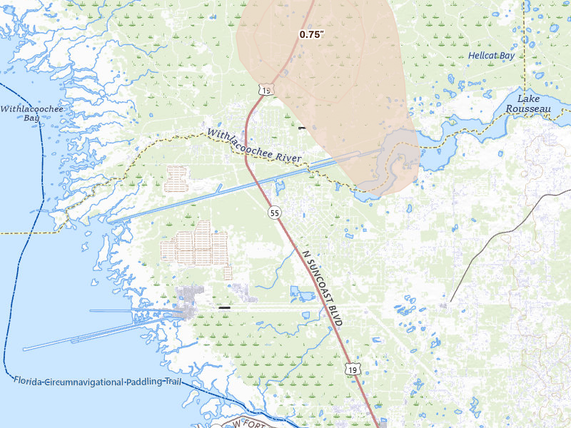 Radar-estimated hail-size map of the storm over Crystal River, FL on May 17, 2026