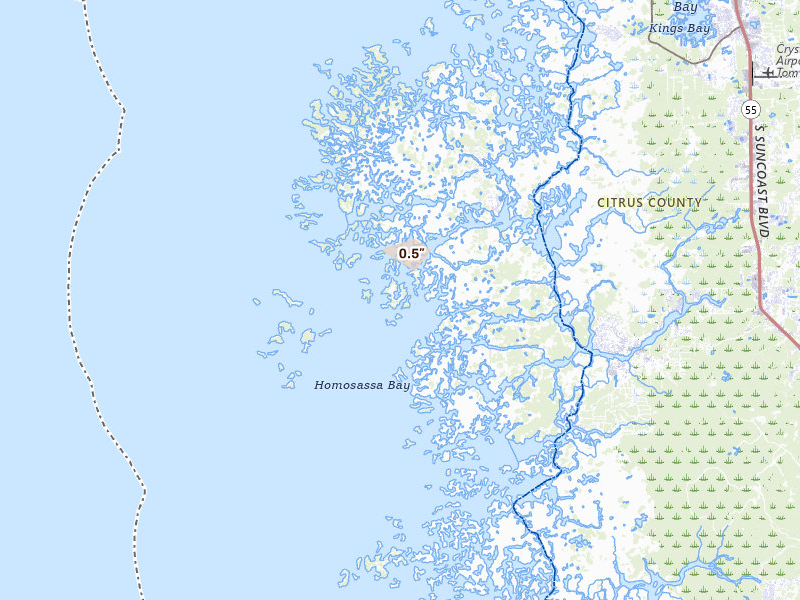 Radar-estimated hail-size map of the storm over Crystal River, FL on May 19, 2026
