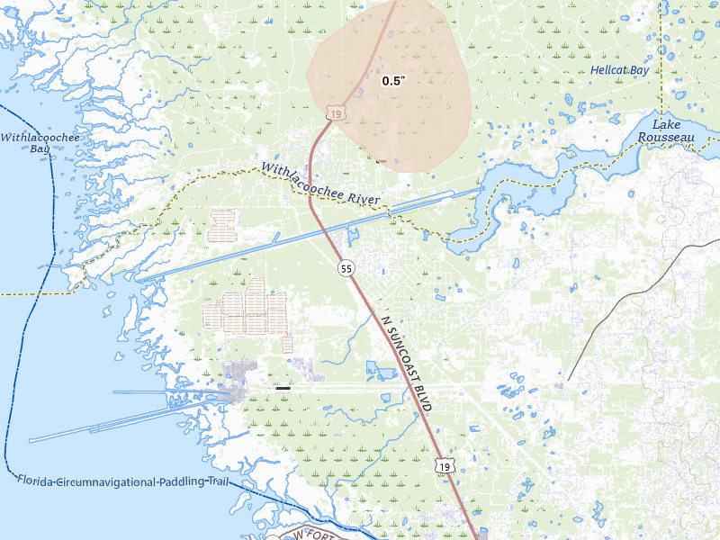 Radar-estimated hail-size map of the storm over Crystal River, FL on Jun 30, 2026