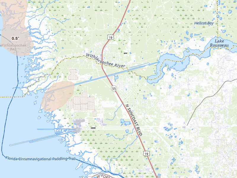 Radar-estimated hail-size map of the storm over Crystal River, FL on Jul 27, 2026