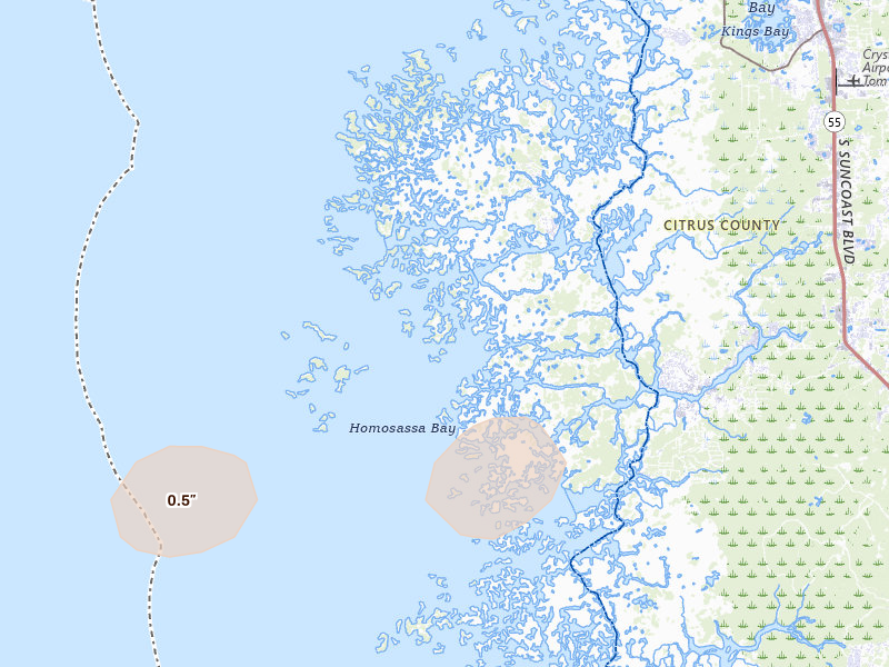 Radar-estimated hail-size map of the storm over Crystal River, FL on Aug 6, 2026