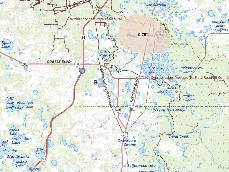 Radar-estimated hail-size map of the storm over Dade City, FL on Mar 5, 2026