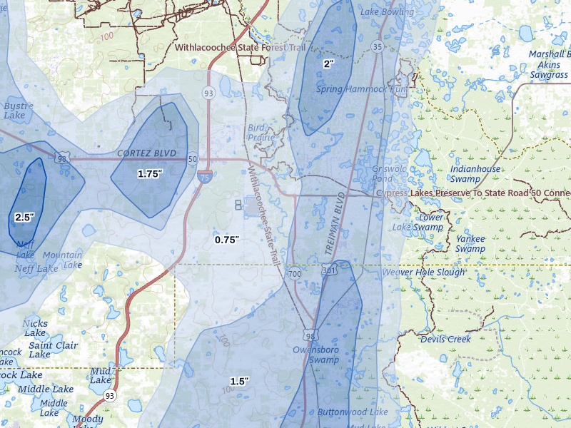NEXRAD radar-signature map of the hail over Dade City, FL