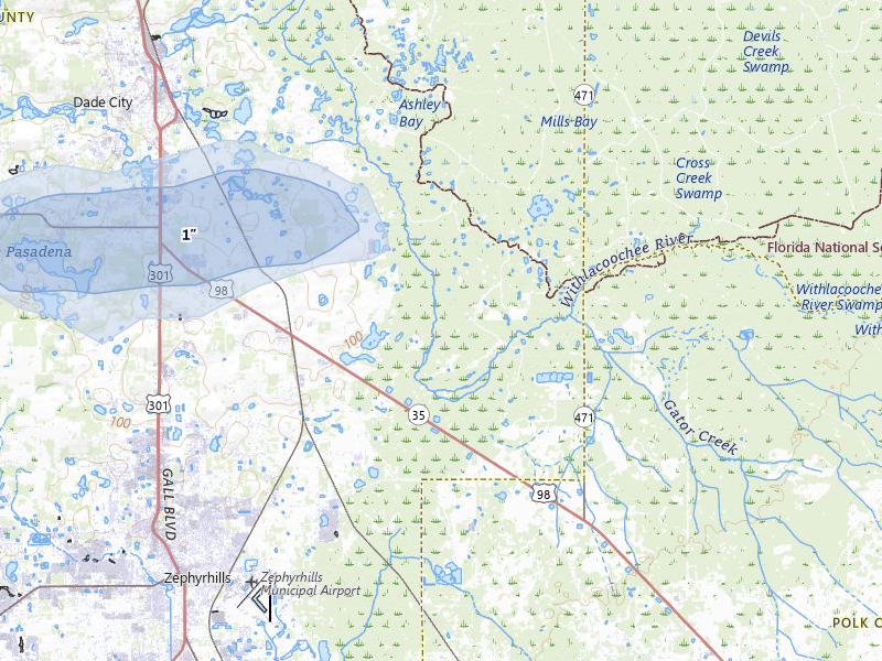 NEXRAD radar-signature map of the hail over Dade City, FL