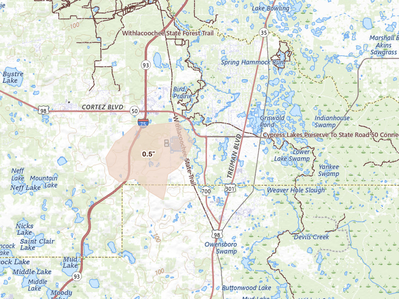 Radar-estimated hail-size map of the storm over Dade City, FL on May 20, 2026