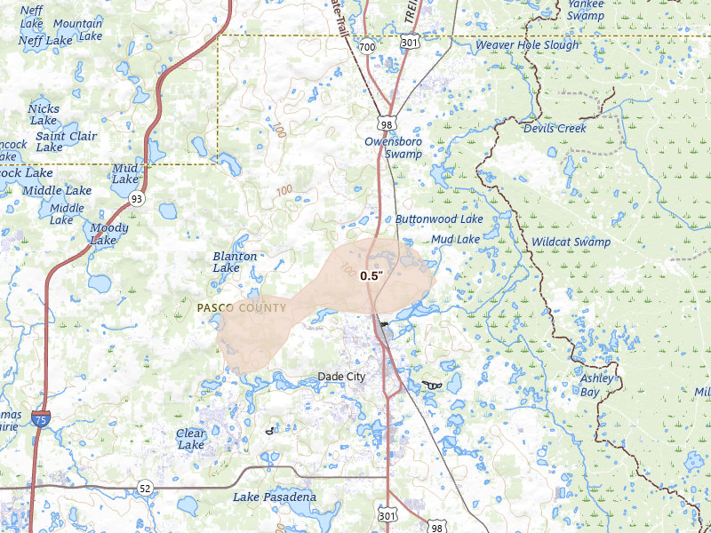 Radar-estimated hail-size map of the storm over Dade City, FL on May 23, 2026
