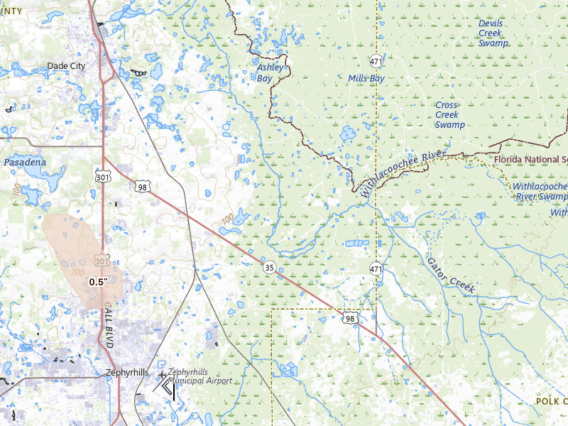 Radar-estimated hail-size map of the storm over Dade City, FL on May 27, 2026