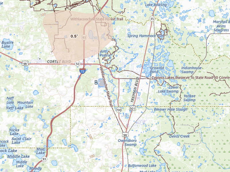 Radar-estimated hail-size map of the storm over Dade City, FL on Jun 25, 2026