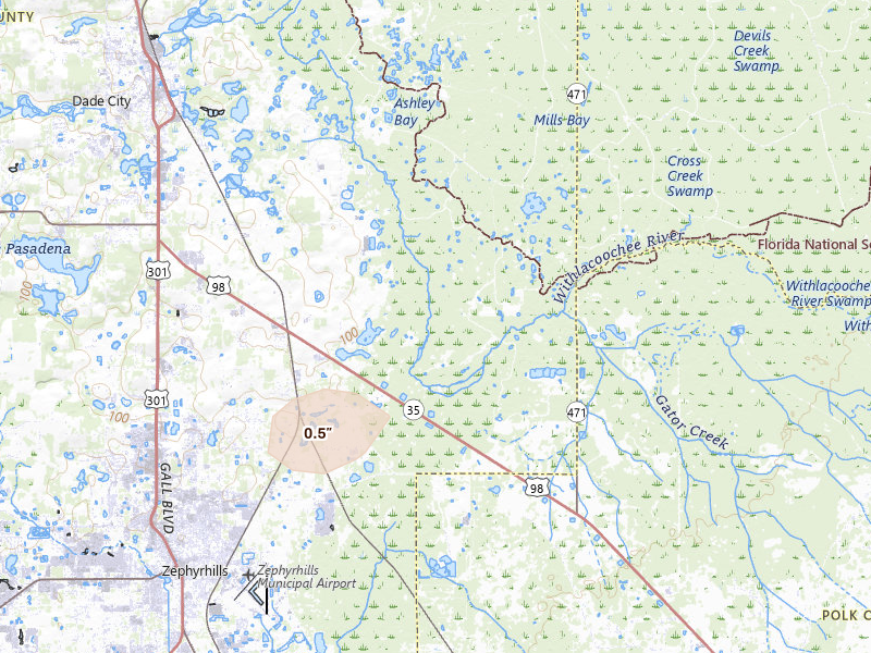 Radar-estimated hail-size map of the storm over Dade City, FL on Jul 13, 2026