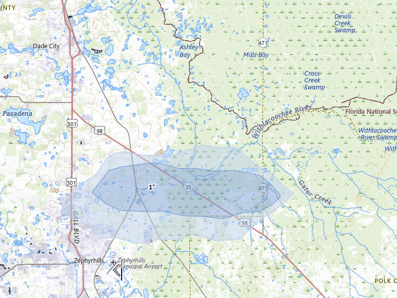NEXRAD radar-signature map of the hail over Dade City, FL