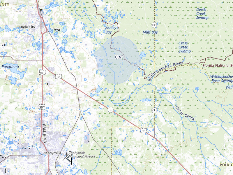 NEXRAD radar-signature map of the hail storm over Dade City, FL on Jul 22, 2026