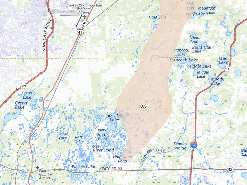 Radar-estimated hail-size map of the storm over Dade City, FL on Aug 9, 2026