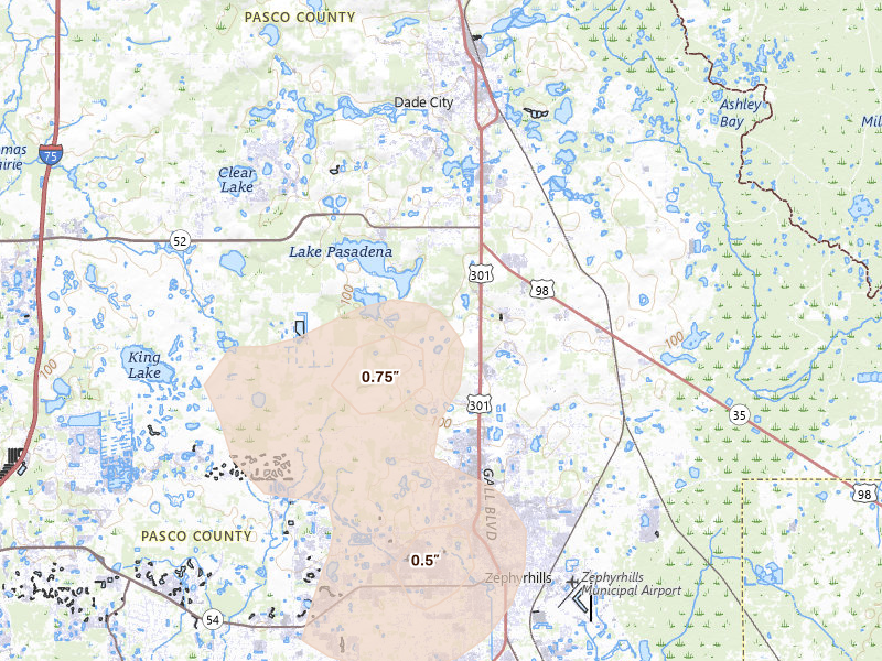 Radar-estimated hail-size map of the storm over Dade City, FL on Aug 14, 2026