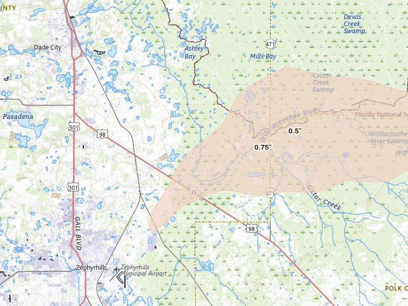 Radar-estimated hail-size map of the storm over Dade City, FL on Aug 19, 2026