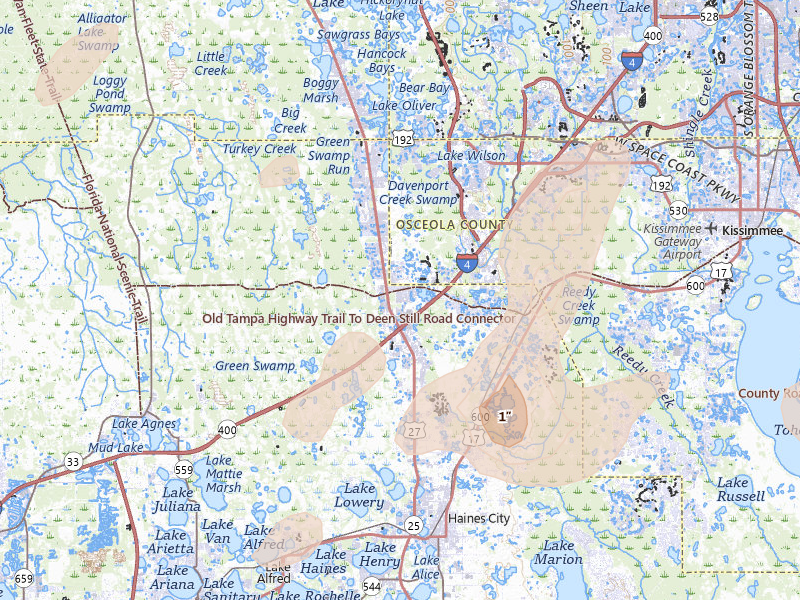 Radar-estimated hail-size map of the storm over Davenport, FL on Mar 15, 2026