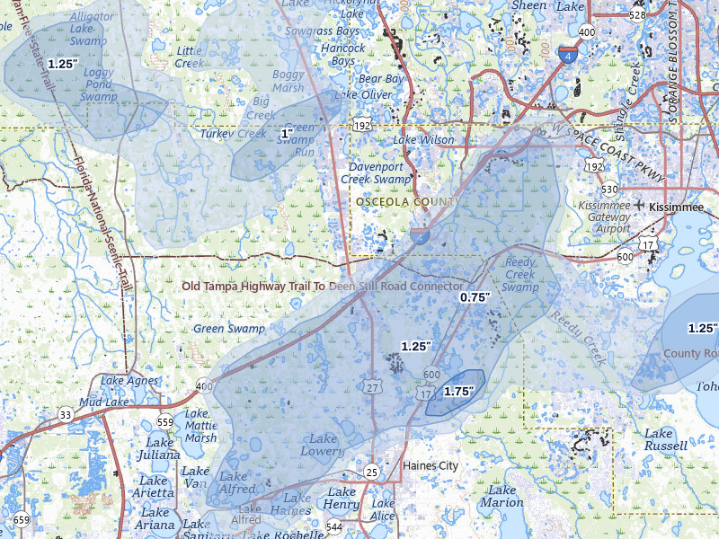 NEXRAD radar-signature map of the hail over Davenport, FL