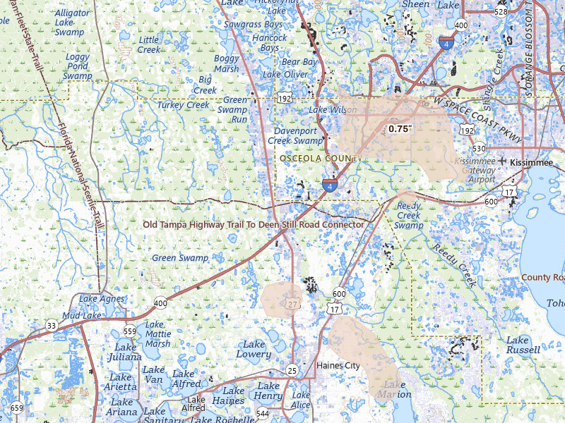 Radar-estimated hail-size map of the storm over Davenport, FL on Jun 27, 2026