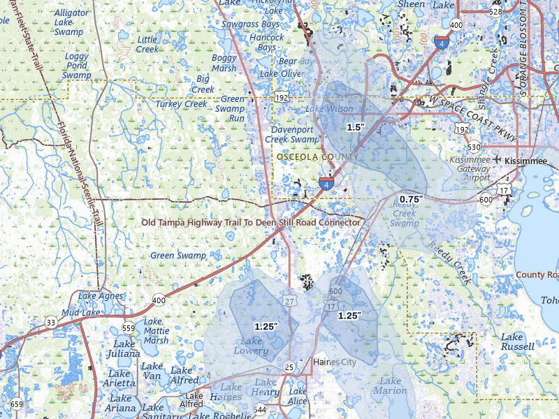NEXRAD radar-signature map of the hail storm over Davenport, FL on Jun 27, 2026