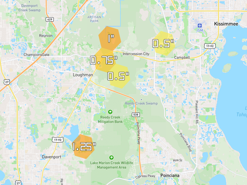 Hail map of Davenport, FL on Jun 27, 2026, hail up to 1.25"