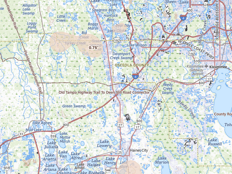 Radar-estimated hail-size map of the storm over Davenport, FL on Jun 30, 2026