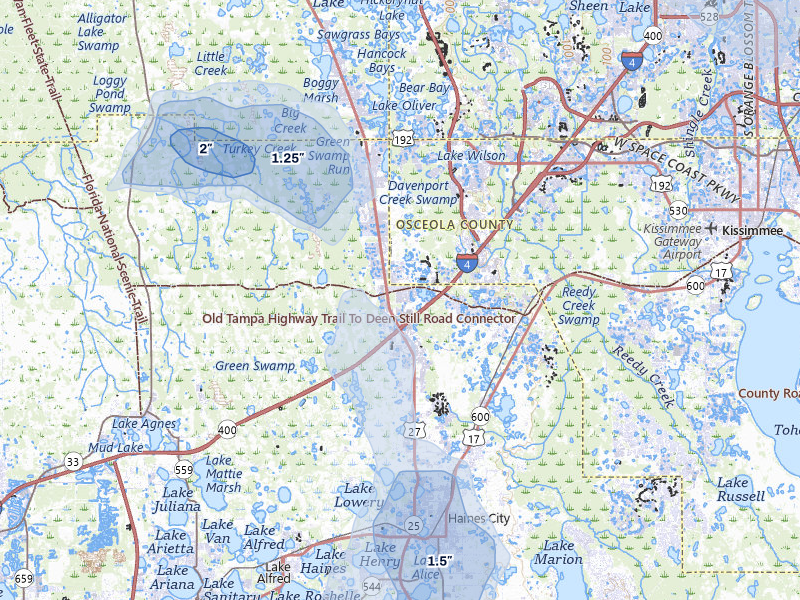 NEXRAD radar-signature map of the hail storm over Davenport, FL on Jun 30, 2026