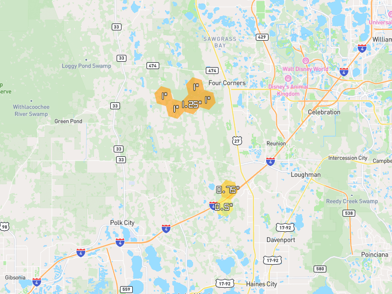 Hail map of Davenport, FL on Jun 30, 2026, hail up to 1.25"