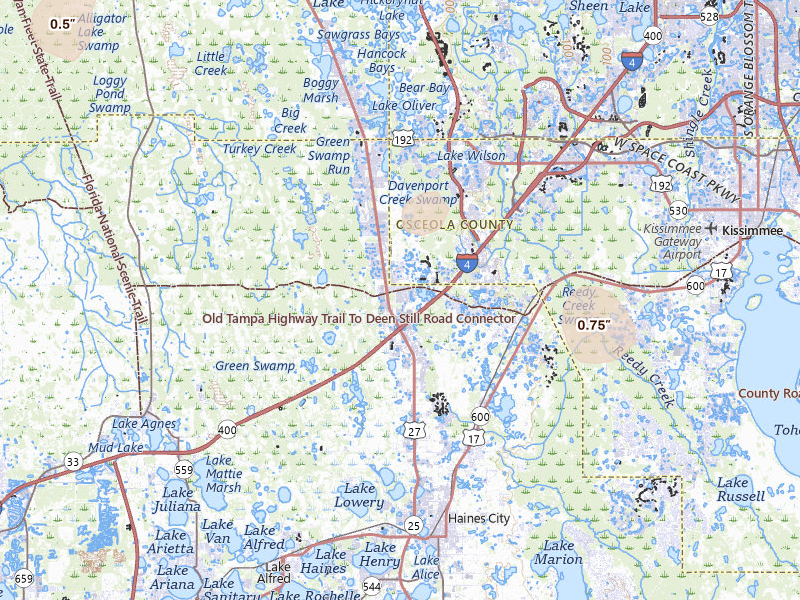 Radar-estimated hail-size map of the storm over Davenport, FL on Jul 6, 2026