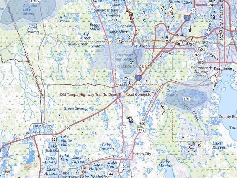 NEXRAD radar-signature map of the hail storm over Davenport, FL on Jul 6, 2026