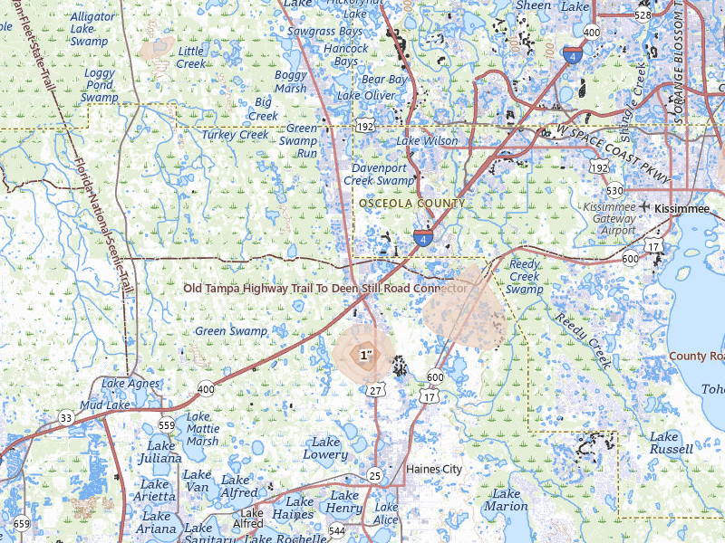 Radar-estimated hail-size map of the storm over Davenport, FL on Jul 8, 2026