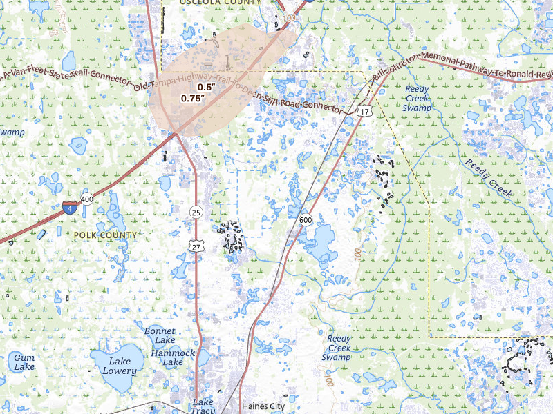 Radar-estimated hail-size map of the storm over Davenport, FL on Aug 19, 2026