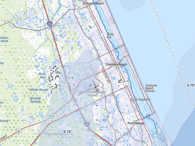 NEXRAD radar-signature map of the hail over Daytona Beach, FL