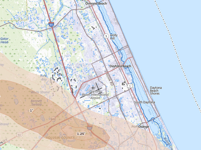 Radar-estimated hail-size map of the storm over Daytona Beach, FL on May 8, 2026